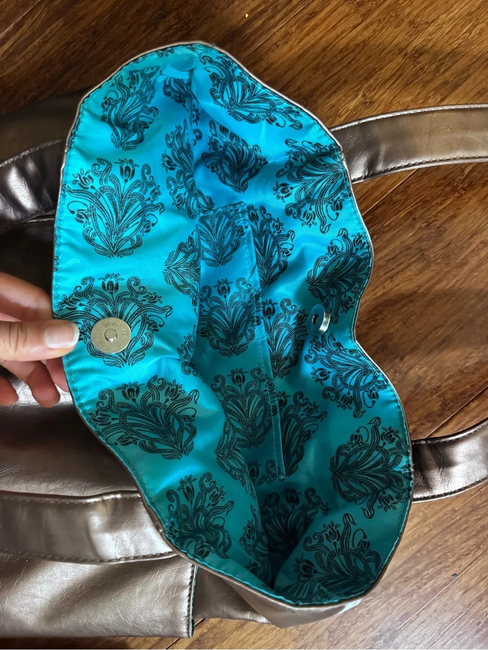Retro Metallic Copper Brown Large Tote Bag Embossed Floral Teal Blue Print Purse